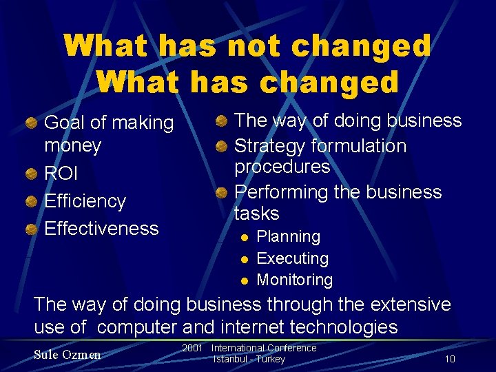 What has not changed What has changed Goal of making money ROI Efficiency Effectiveness