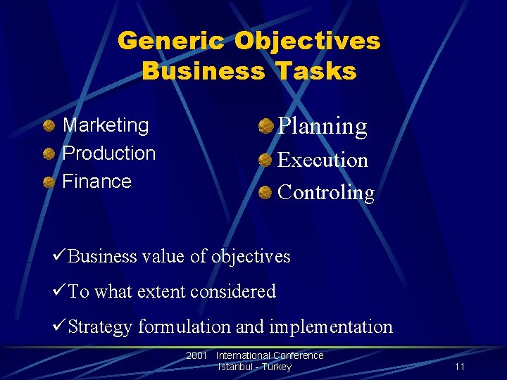Generic Objectives Business Tasks Planning Marketing Production Finance Execution Controling üBusiness value of objectives