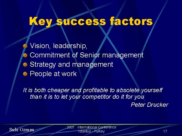 Key success factors Vision, leadership, Commitment of Senior management Strategy and management People at