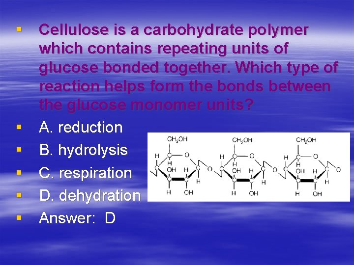 § Cellulose is a carbohydrate polymer which contains repeating units of glucose bonded together.