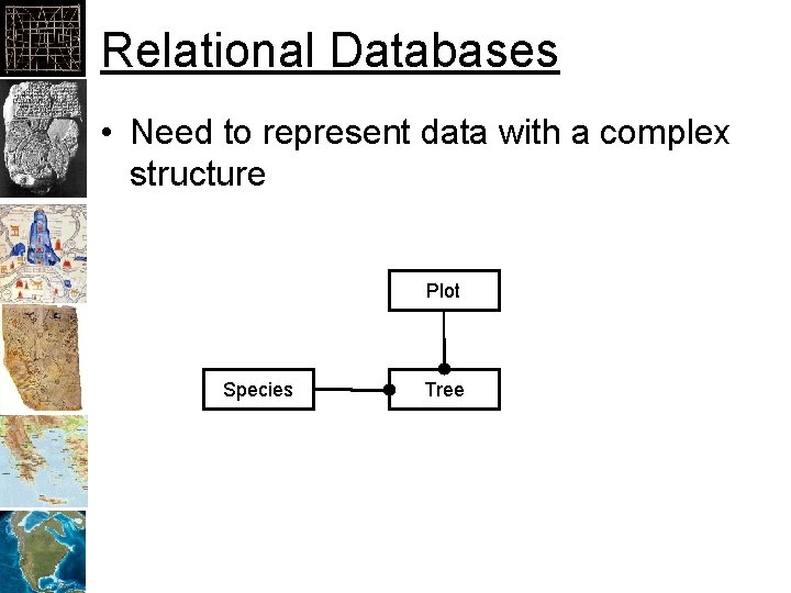 Relational Databases • Need to represent data with a complex structure Plot Species Tree