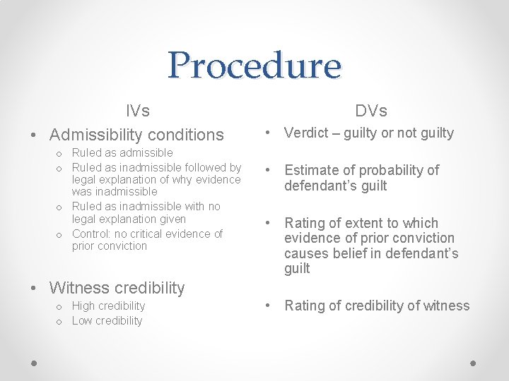 Procedure IVs • Admissibility conditions o Ruled as admissible o Ruled as inadmissible followed