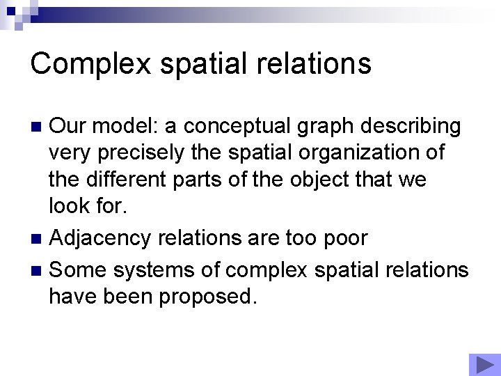 Complex spatial relations Our model: a conceptual graph describing very precisely the spatial organization Complex spatial relations Our model: a conceptual graph describing very precisely the spatial organization