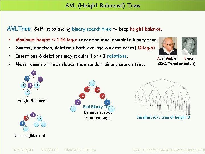 AVL (Height Balanced) Tree AVLTree Self- rebalancing binary search tree to keep height balance.