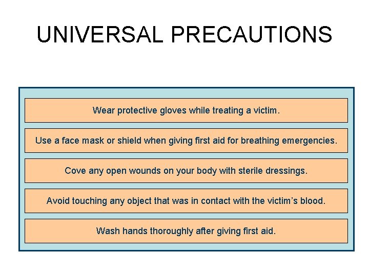 UNIVERSAL PRECAUTIONS Wear protective gloves while treating a victim. Use a face mask or