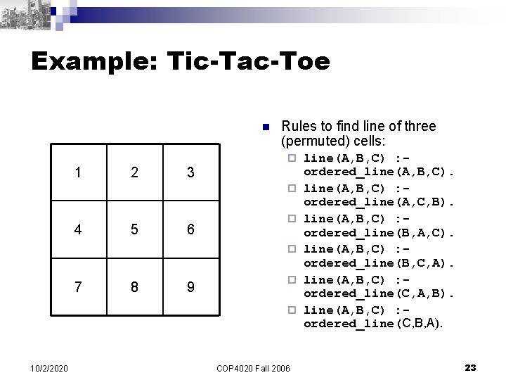 Example: Tic-Tac-Toe n Rules to find line of three (permuted) cells: ¨ 1 2