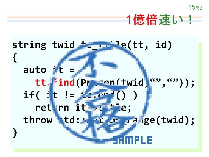 15/62 1億倍速い！ string twid_to_title(tt, id) { auto it = tt. find(Presen(twid, “”)); if( it