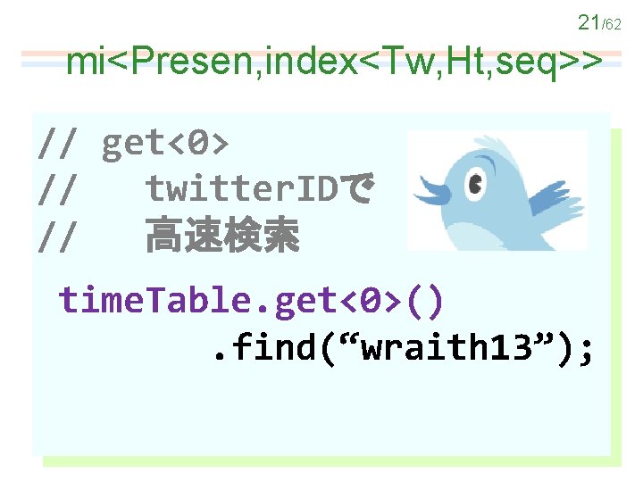 21/62 mi<Presen, index<Tw, Ht, seq>> // get<0> // twitter. IDで // 高速検索 time. Table.