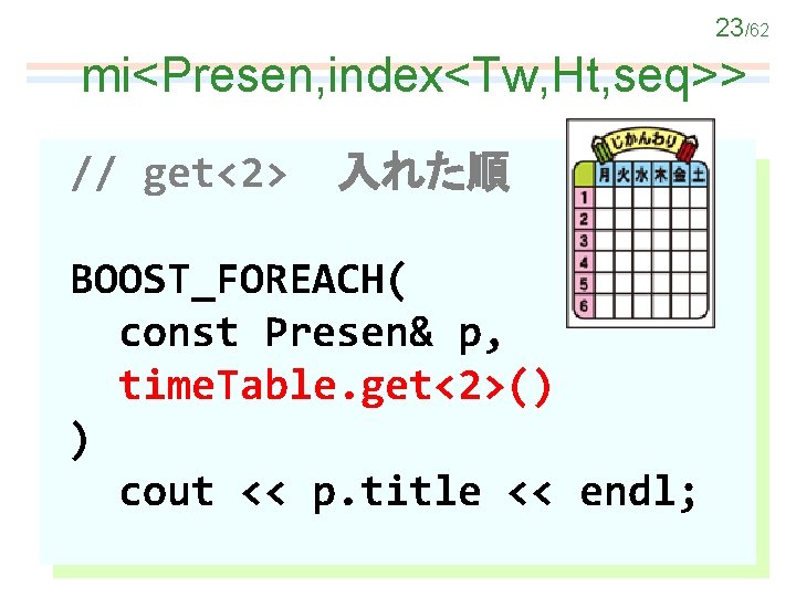23/62 mi<Presen, index<Tw, Ht, seq>> // get<2> 入れた順 BOOST_FOREACH( const Presen& p, time. Table.