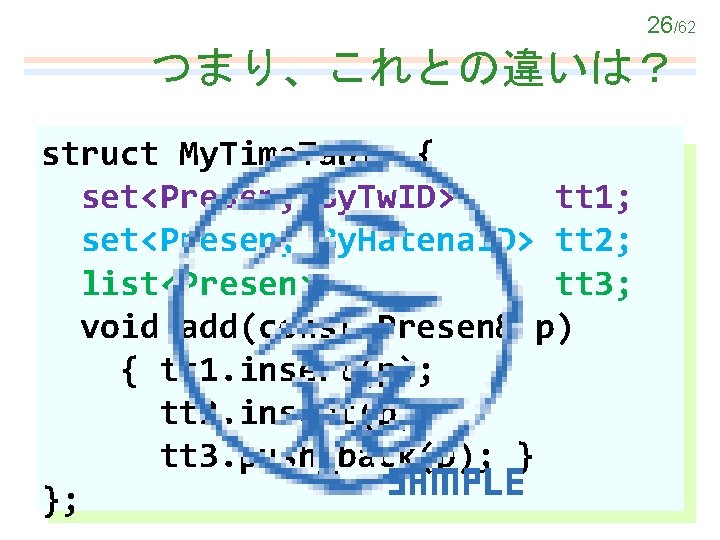 26/62 つまり、これとの違いは？ struct My. Time. Table { set<Presen, By. Tw. ID> tt 1; set<Presen,