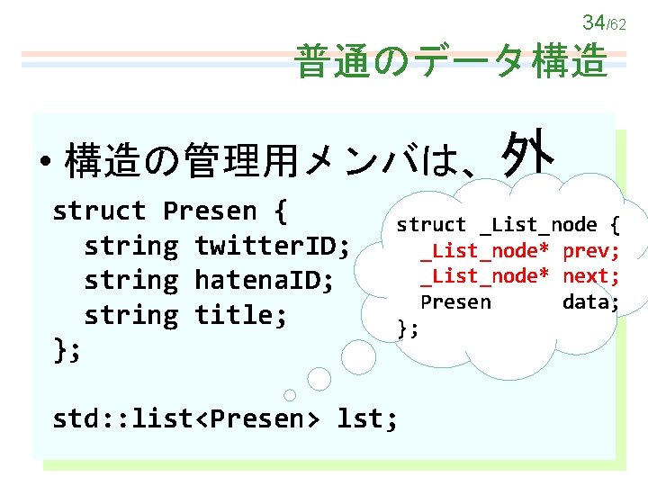 34/62 普通のデータ構造 • 構造の管理用メンバは、外 struct Presen { string twitter. ID; string hatena. ID; string