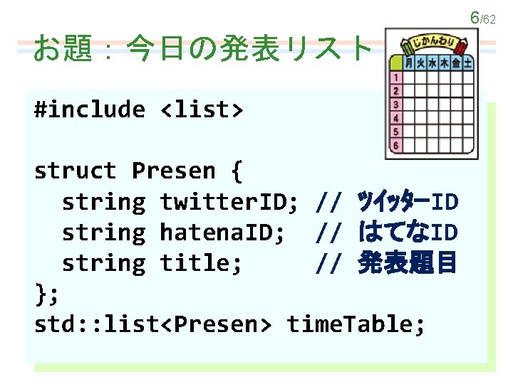 6/62 お題：今日の発表リスト #include <list> struct Presen { string twitter. ID; // ﾂｲｯﾀｰID string hatena.