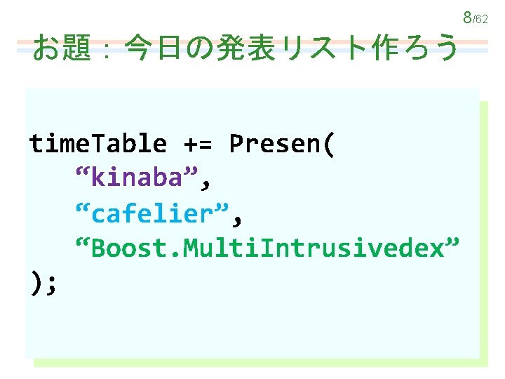 8/62 お題：今日の発表リスト作ろう time. Table += Presen( “kinaba”, “cafelier”, “Boost. Multi. Intrusivedex” ); 