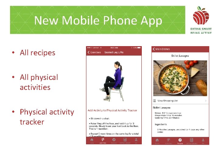 New Mobile Phone App • All recipes • All physical activities • Physical activity