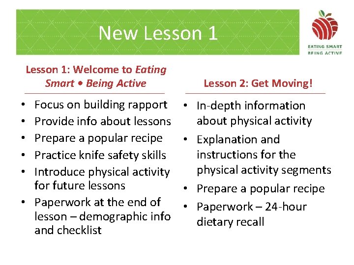 New Lesson 1: Welcome to Eating Smart • Being Active Focus on building rapport