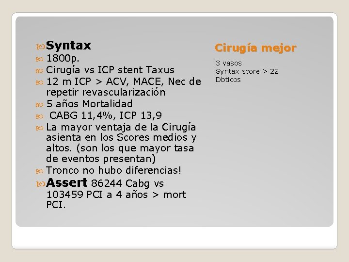  Syntax 1800 p. Cirugía vs ICP stent Taxus 12 m ICP > ACV,