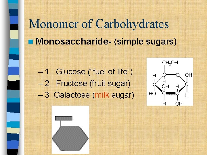 Monomer of Carbohydrates n Monosaccharide- (simple sugars) – 1. Glucose (“fuel of life”) – Monomer of Carbohydrates n Monosaccharide- (simple sugars) – 1. Glucose (“fuel of life”) –