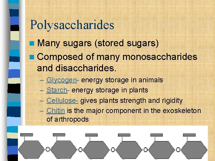 Polysaccharides n Many sugars (stored sugars) n Composed of many monosaccharides and disaccharides. – Polysaccharides n Many sugars (stored sugars) n Composed of many monosaccharides and disaccharides. –