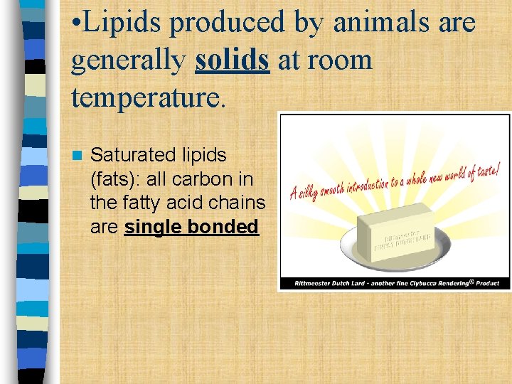 • Lipids produced by animals are generally solids at room temperature. n Saturated • Lipids produced by animals are generally solids at room temperature. n Saturated
