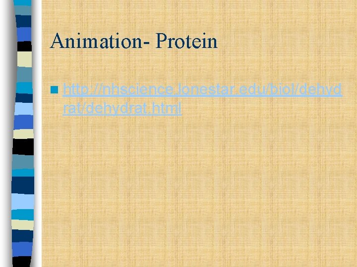 Animation- Protein n http: //nhscience. lonestar. edu/biol/dehyd rat/dehydrat. html Animation- Protein n http: //nhscience. lonestar. edu/biol/dehyd rat/dehydrat. html