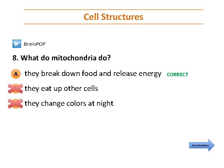 Cell Structures Brain. POP 8. What do mitochondria do? A they break down food