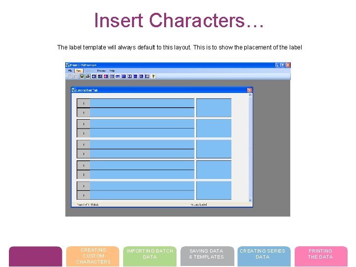 Insert Characters… The label template will always default to this layout. This is to