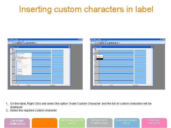 Inserting custom characters in label 1. On the label, Right Click and select the