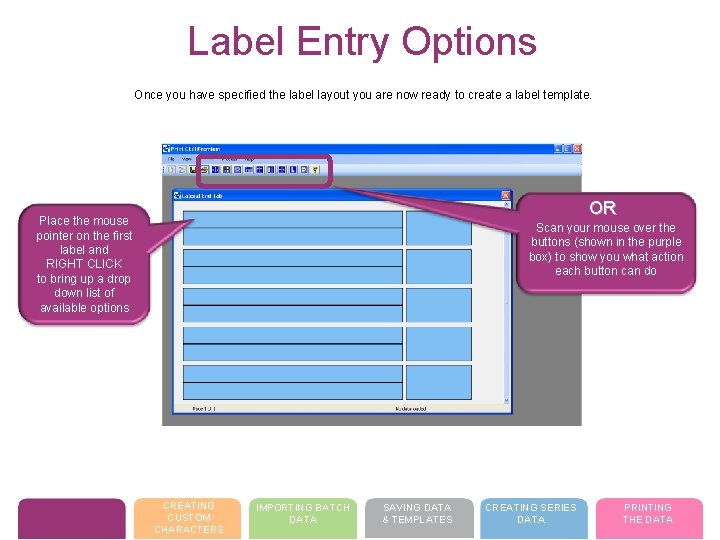 Label Entry Options Once you have specified the label layout you are now ready