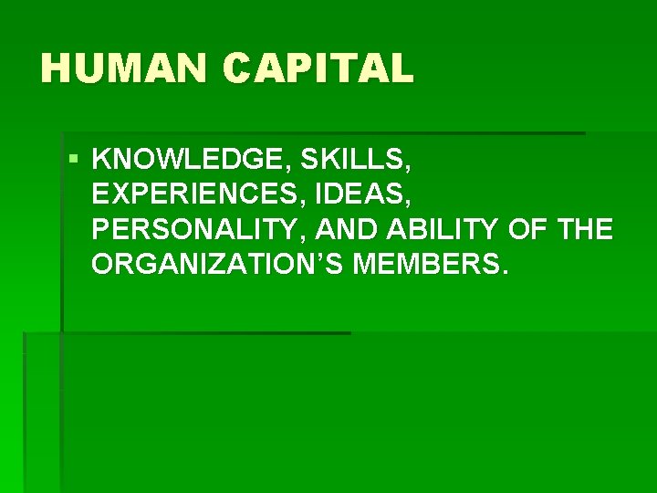 HUMAN CAPITAL § KNOWLEDGE, SKILLS, EXPERIENCES, IDEAS, PERSONALITY, AND ABILITY OF THE ORGANIZATION’S MEMBERS.