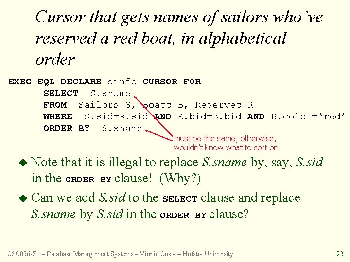 Cursor that gets names of sailors who’ve reserved a red boat, in alphabetical order