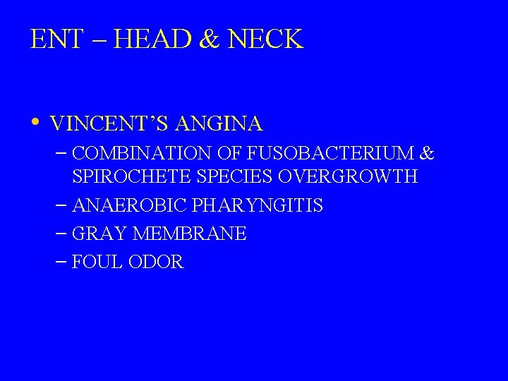 ENT – HEAD & NECK • VINCENT’S ANGINA – COMBINATION OF FUSOBACTERIUM & SPIROCHETE