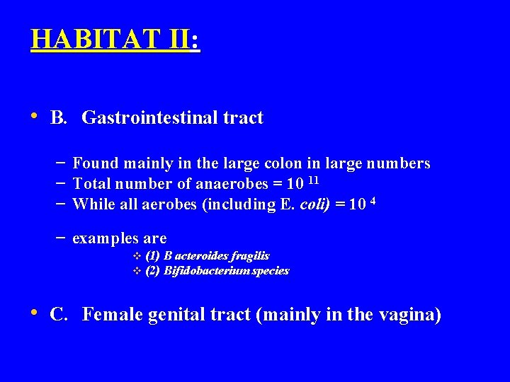 HABITAT II: • B. Gastrointestinal tract – – – Found mainly in the large