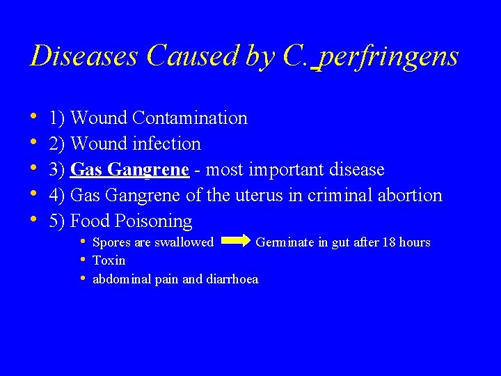 Diseases Caused by C. perfringens • • • 1) Wound Contamination 2) Wound infection