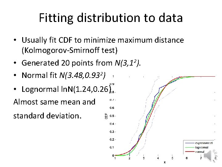 Fitting distribution to data • Usually fit CDF to minimize maximum distance (Kolmogorov-Smirnoff test)
