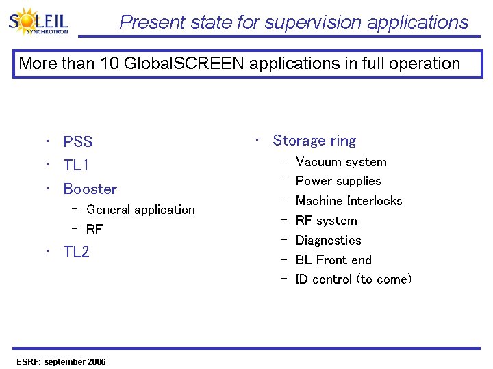 Present state for supervision applications More than 10 Global. SCREEN applications in full operation