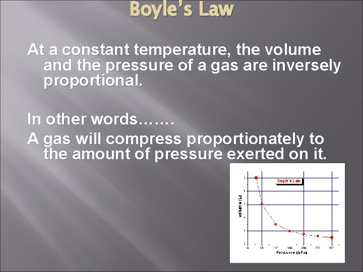 Boyle’s Law At a constant temperature, the volume and the pressure of a gas