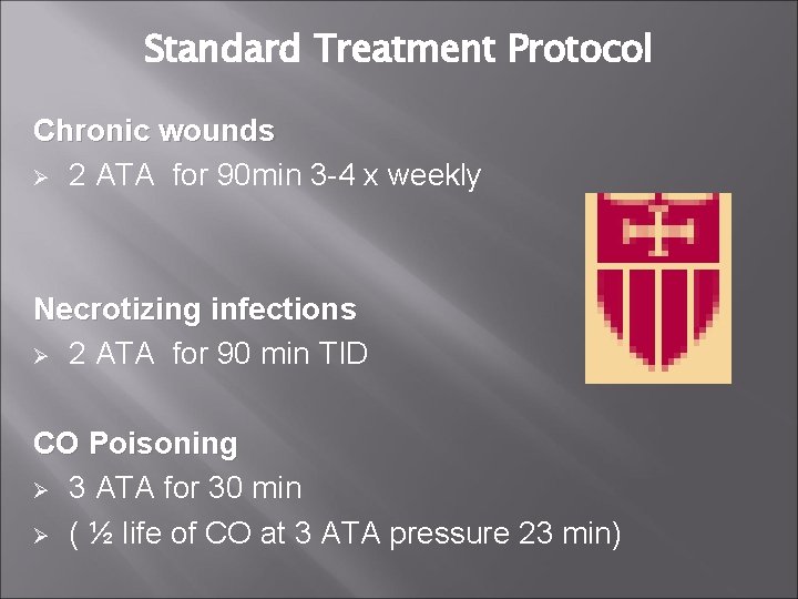 Standard Treatment Protocol Chronic wounds Ø 2 ATA for 90 min 3 -4 x