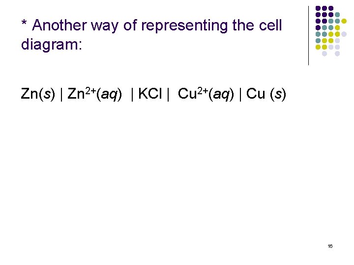 * Another way of representing the cell diagram: Zn(s) | Zn 2+(aq) | KCl