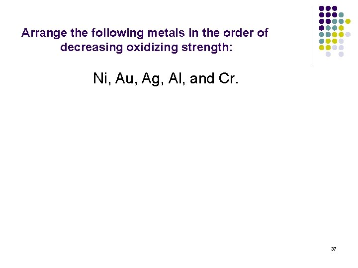 Arrange the following metals in the order of decreasing oxidizing strength: Ni, Au, Ag,