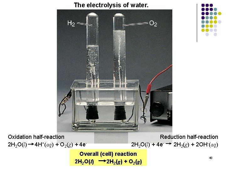 The electrolysis of water. Oxidation half-reaction 2 H 2 O(l) 4 H+(aq) + O