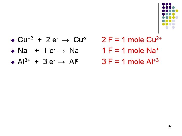 l l l Cu+2 + 2 e- → Cuo Na+ + 1 e- →