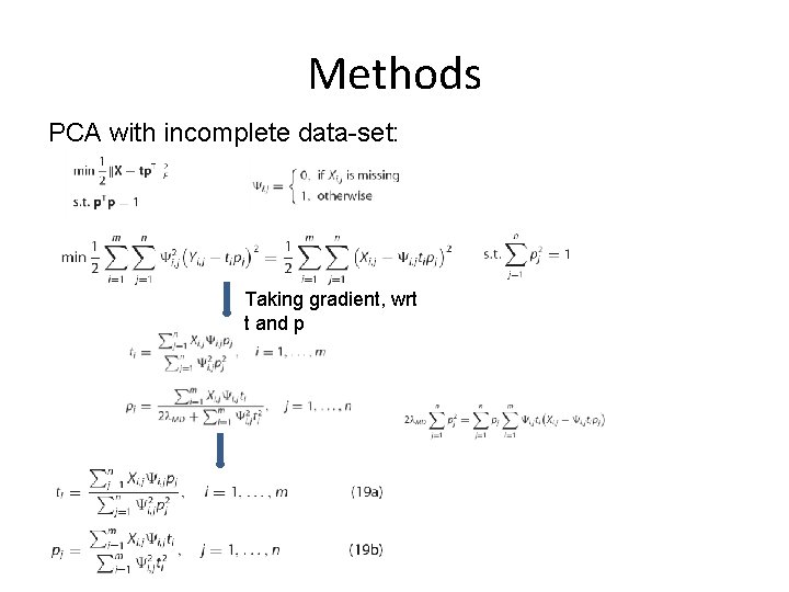 Methods PCA with incomplete data-set: Taking gradient, wrt t and p 