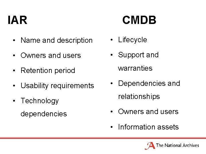 IAR CMDB • Name and description • Lifecycle • Owners and users • Support