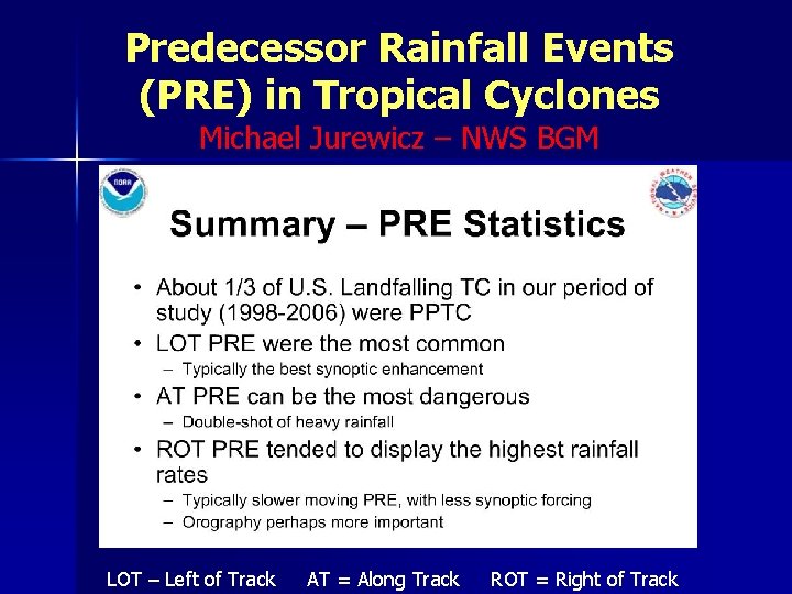 Predecessor Rainfall Events (PRE) in Tropical Cyclones Michael Jurewicz – NWS BGM LOT –