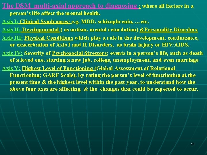 The DSM multi-axial approach to diagnosing ; where all factors in a person’s life