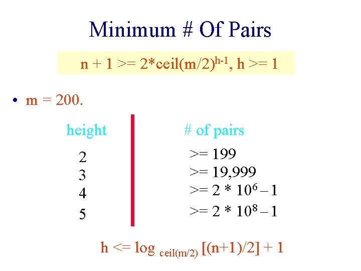 Minimum # Of Pairs n + 1 >= 2*ceil(m/2)h-1, h >= 1 • m