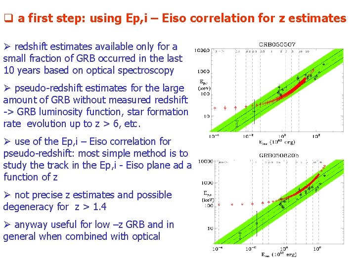 q a first step: using Ep, i – Eiso correlation for z estimates Ø