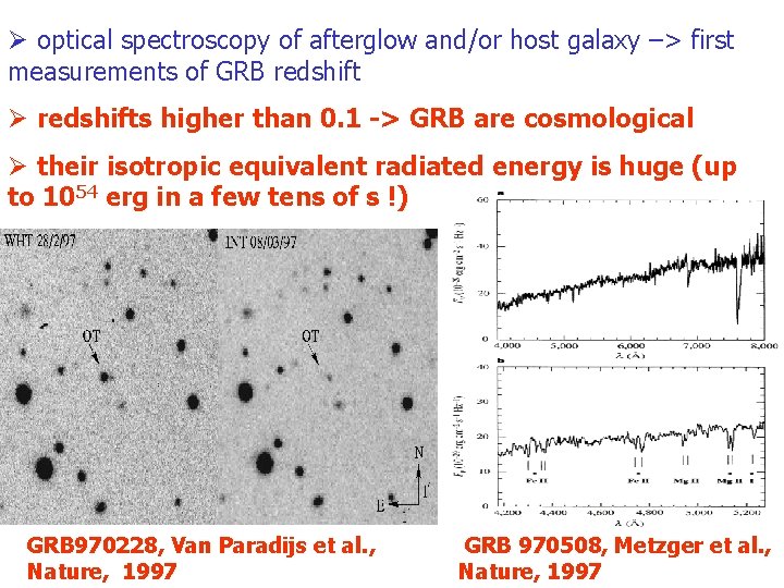 Ø optical spectroscopy of afterglow and/or host galaxy –> first measurements of GRB redshift