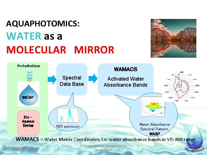 AQUAPHOTOMICS: THE CONCEPT AQUAPHOTOMICS: WATER as a MOLECULAR　MIRROR Perturbations WAMACS Spectral Data Base Activated