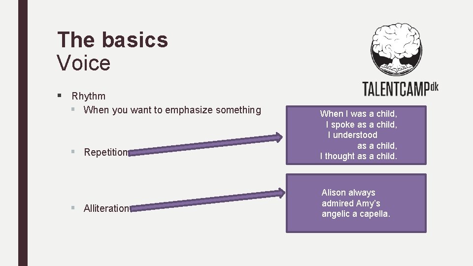 The basics Voice § Rhythm § When you want to emphasize something § Repetition